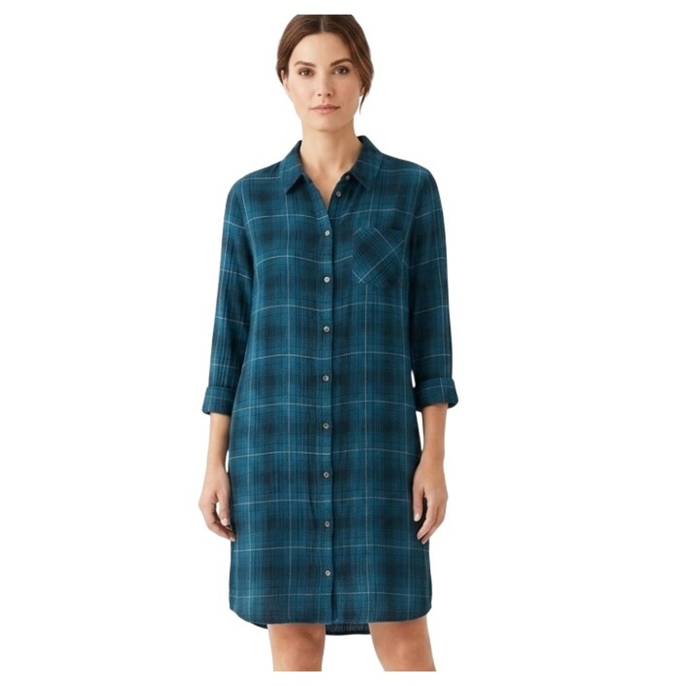 J. Jill Shirt Dress Women XL Teal Blue Plaid Cotton Tunic Button Up WDR255801